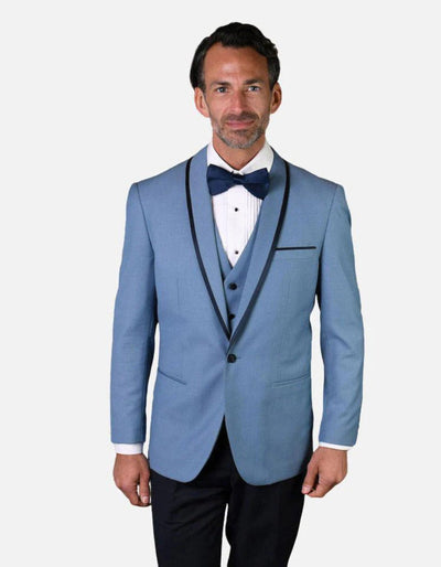 Steel Blue Vested Wool Tuxedo with Black Trim