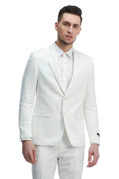 Two Button White Peak Lapel Linen Style Suit
