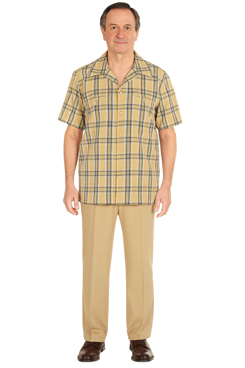 Beige Check Button Shirt - Casual Plaid for Men