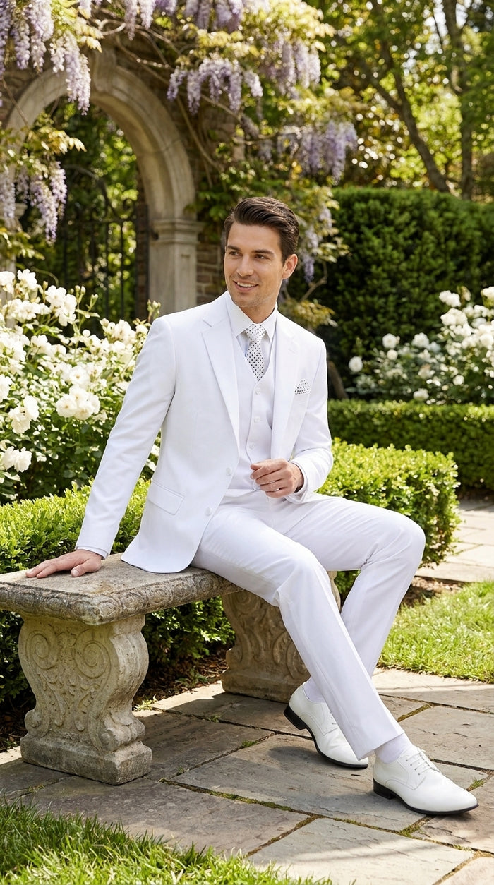 Men’s White 2 Button Wedding Suit, Modern Vested Formal Groom Prom Dress Suit