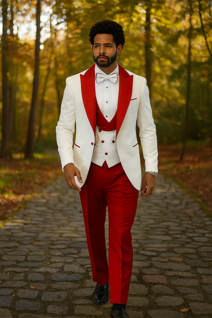 Hilton White Red Paisley Peak Lapel Tuxedo Set