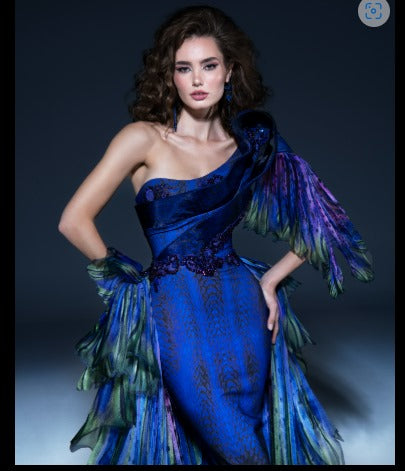 Fouad Sarkis 2783 One-Shoulder Gown with Feather-Inspired Detailing