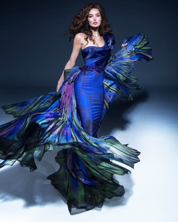 Fouad Sarkis 2783 One-Shoulder Gown with Feather-Inspired Detailing