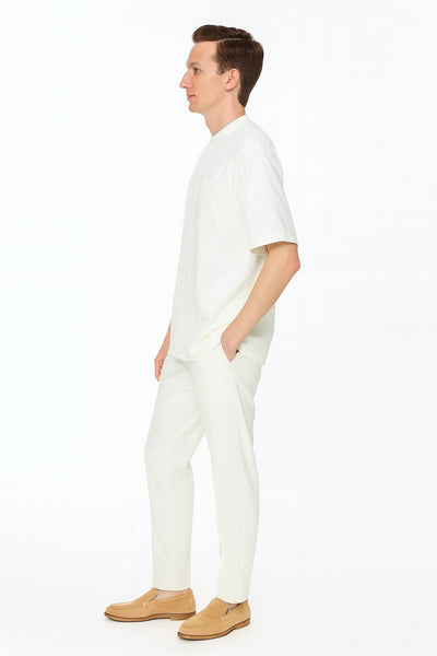 White Banded Collar Two-Piece Linen Set