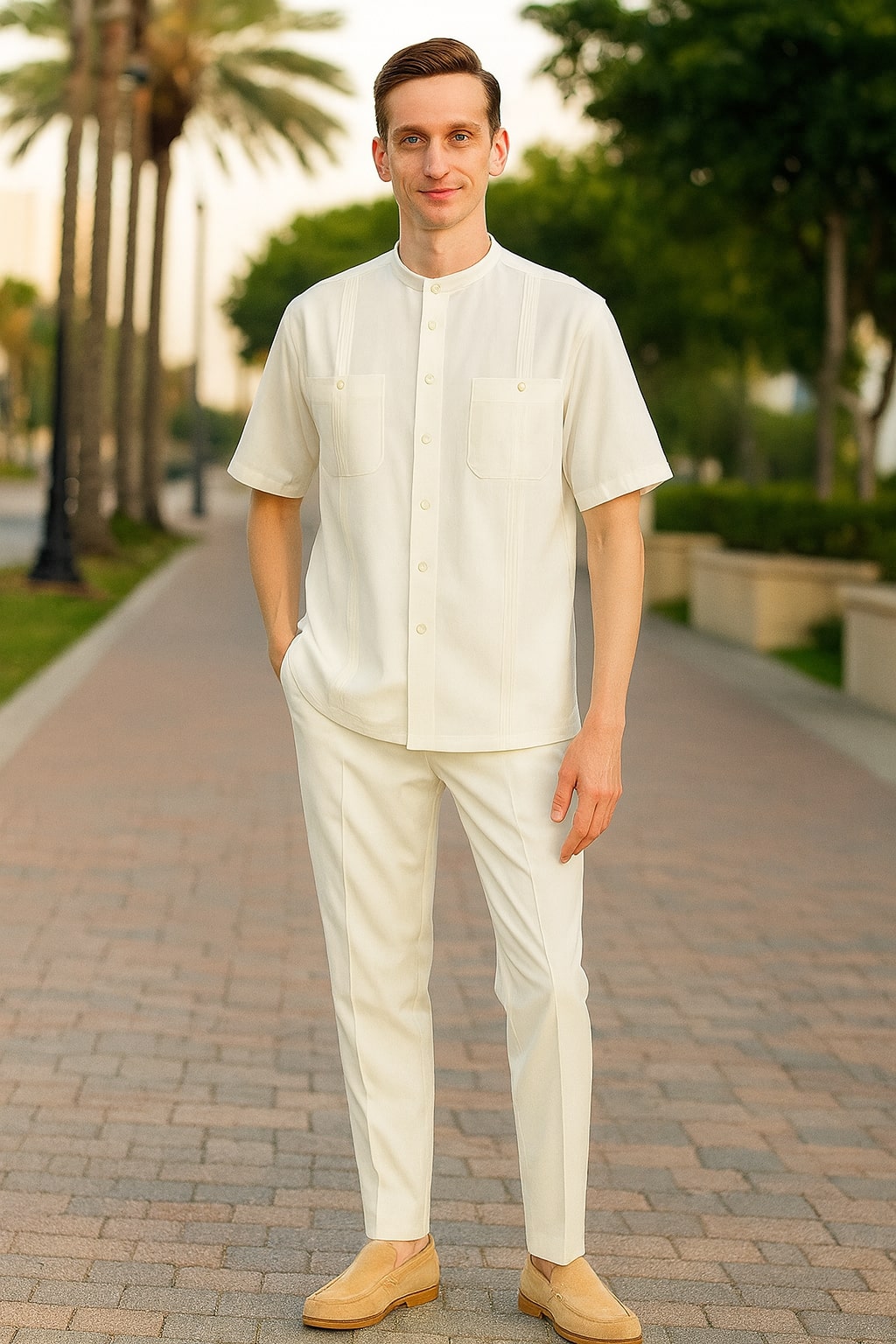 White Banded Collar Two-Piece Linen Set