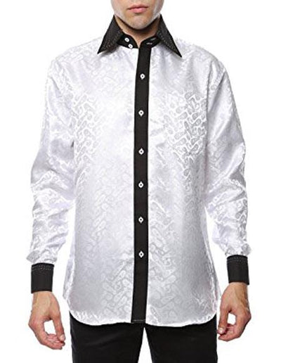 Shiny Satin Floral Spread Collar Paisley Dress Club Clubbing Clubwear Shirts Flashy Stage Colored White-Black Two Toned Woven Casual Men's Dress Shirt
