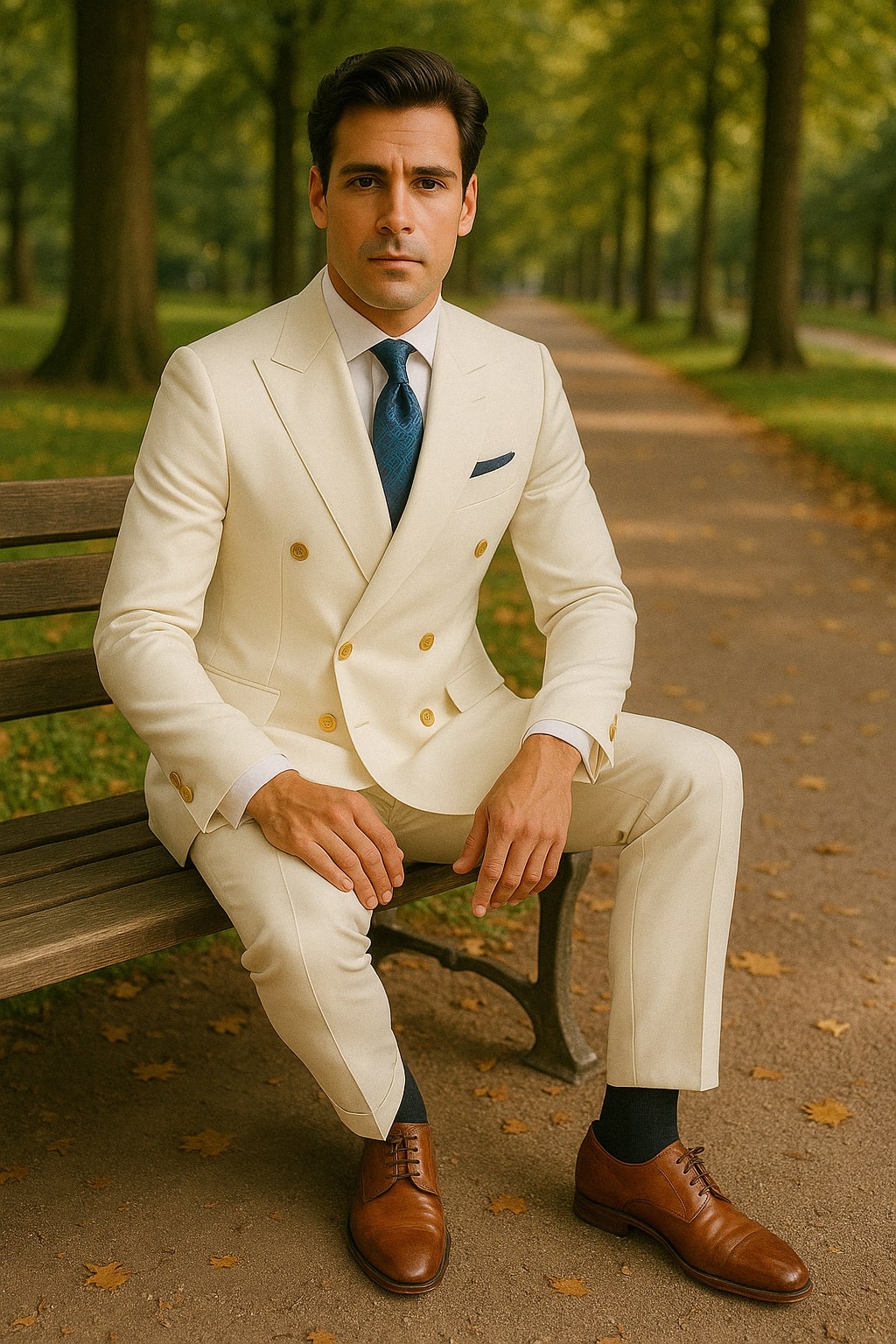 White Double-Breasted Suit with Gold Buttons