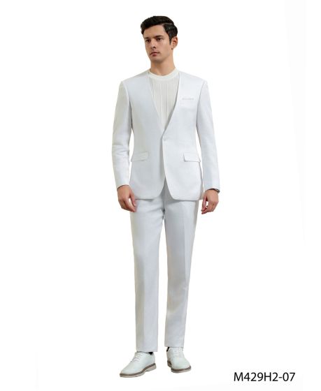 White Linen Summer Suit - Collarless Blazer & Pants