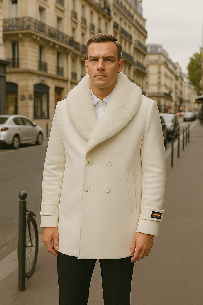 Mens Ivory Off White Cream Color Peacoat Double-Breasted Overcoat with Faux Fur Shawl Collar – Alberto Nardoni Collection Wool Fabric