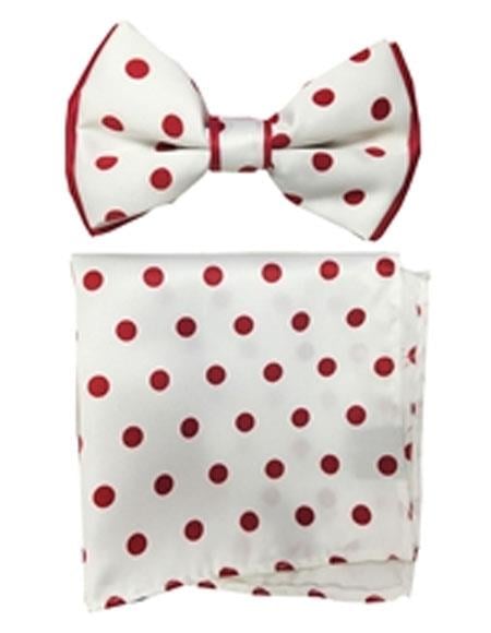 Men's White / Red Polyester Satin dual colors (Red Polka Dot) Bowtie with hankie - Men's Neck Ties - Mens Dress Tie - Trendy Mens Ties