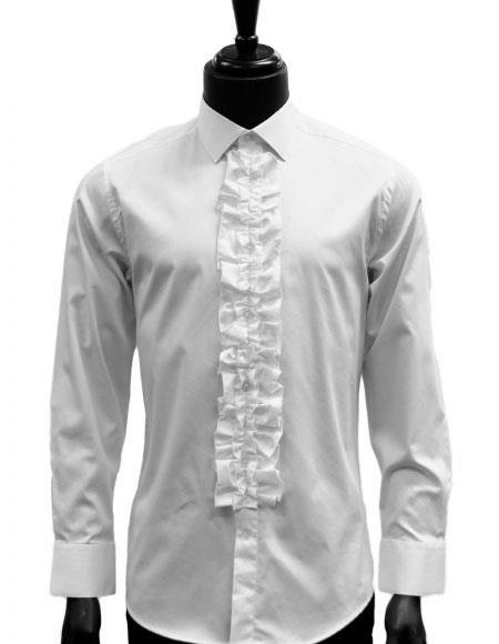Men's classic White Ruffled Dress 100% Cotton casual Trendy tuxedo shirt