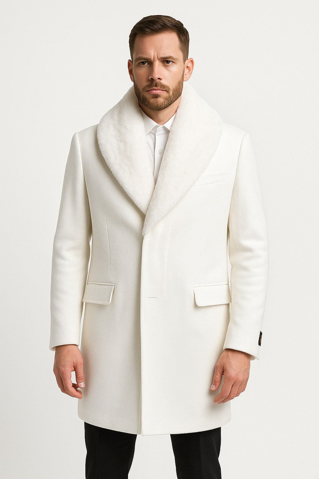 White Wool Overcoat with Faux Fur by Alberto Nardoni