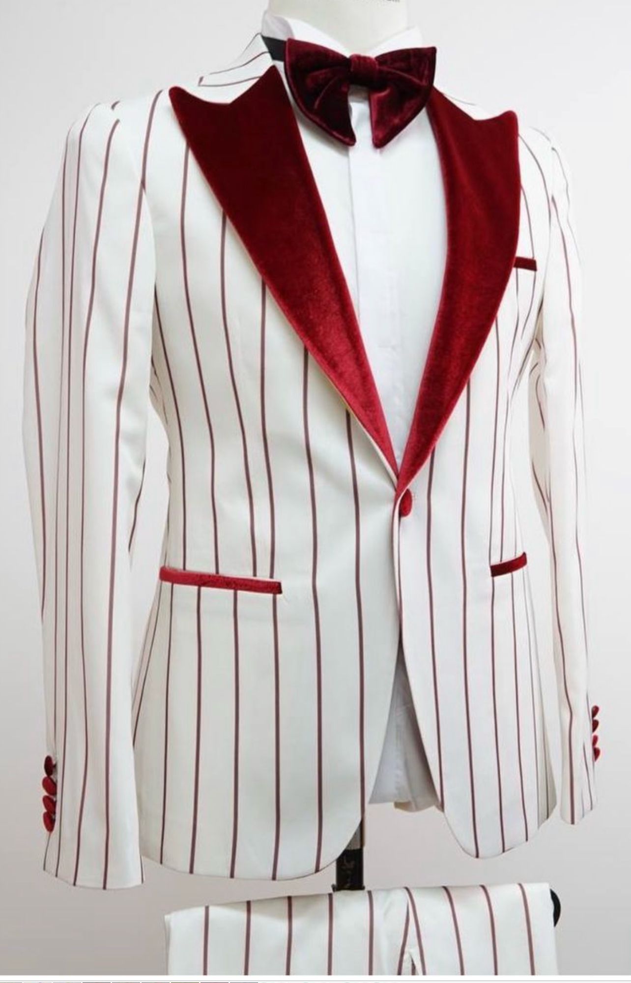 White & Burgundy Pinstripe Velvet Shawl Tuxedo