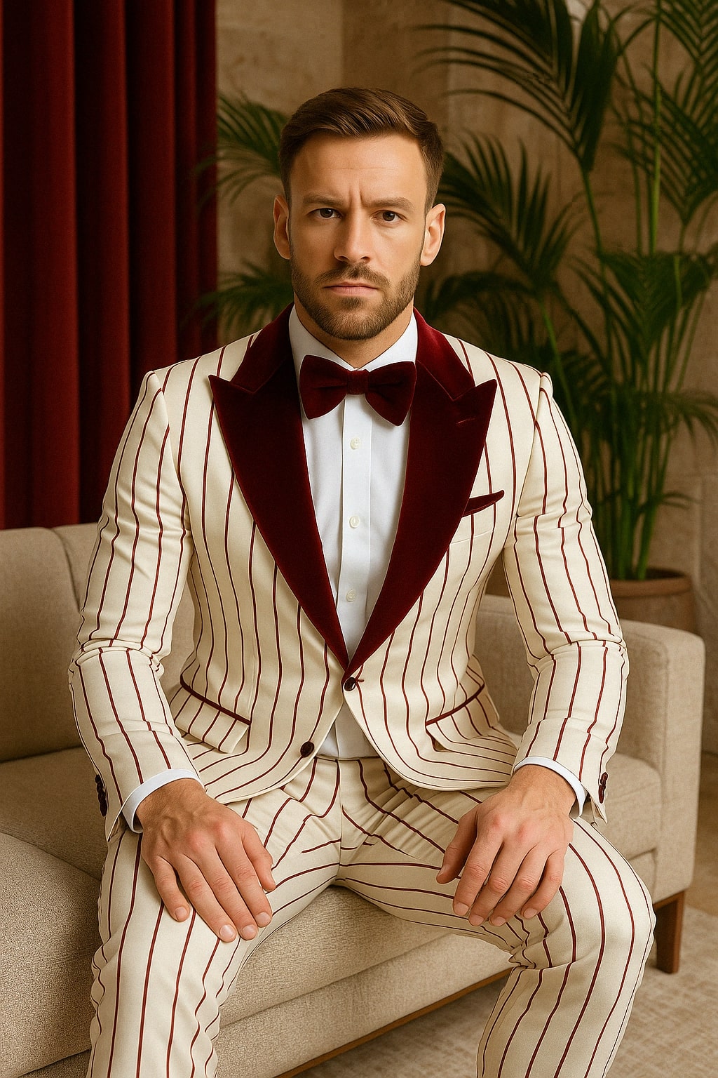White & Burgundy Pinstripe Velvet Shawl Tuxedo