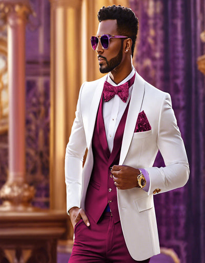 White & Burgundy Tuxedo Wedding Set