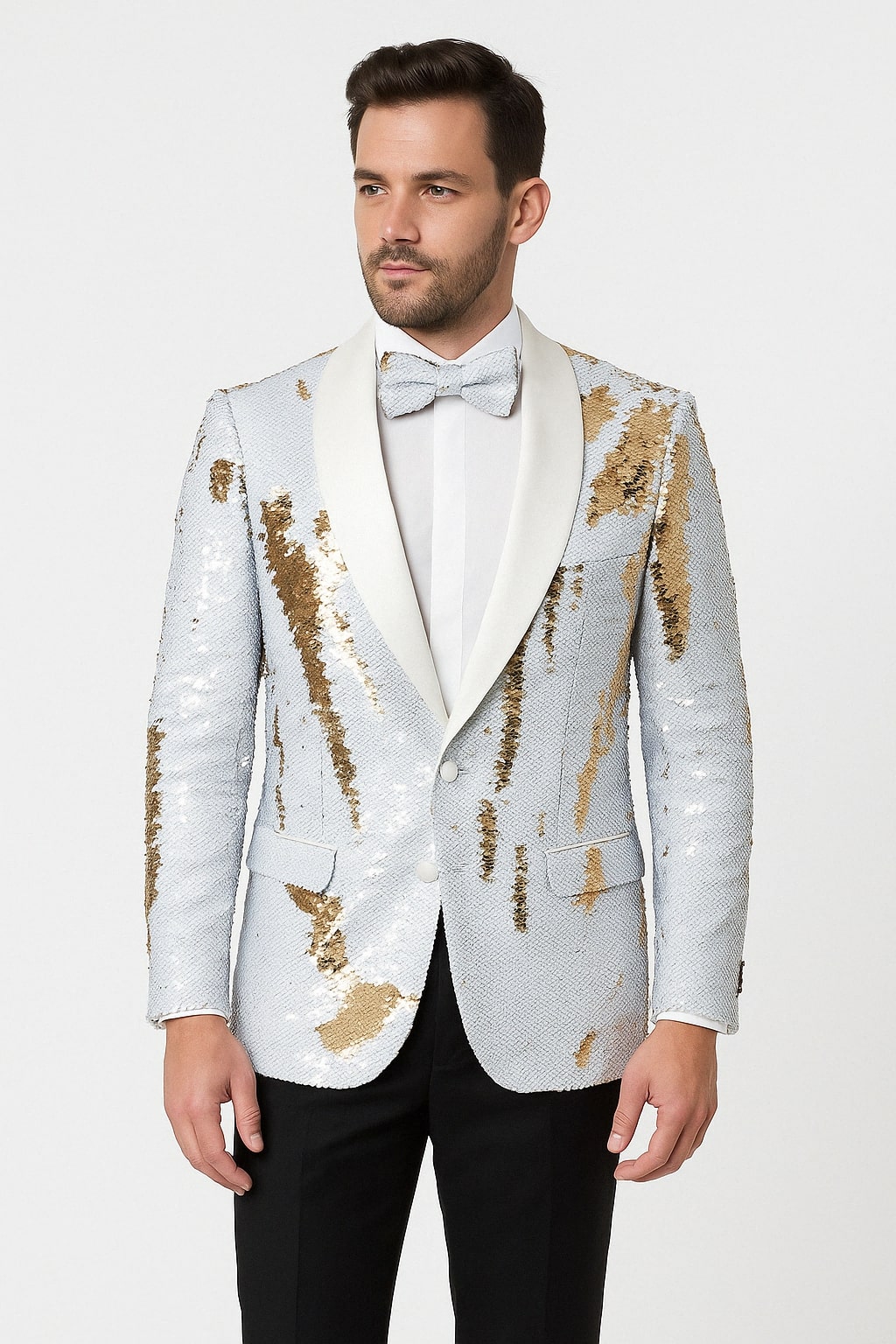White and Gold Sequin Tuxedo Jacket Set