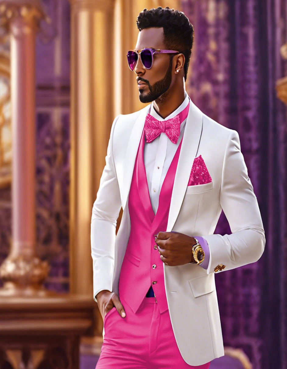 White & Pink Tuxedo Suit Set for Weddings