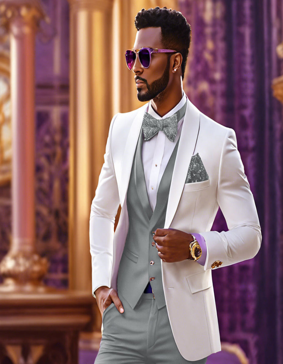 White & Light Grey Tuxedo Wedding Suit Set
