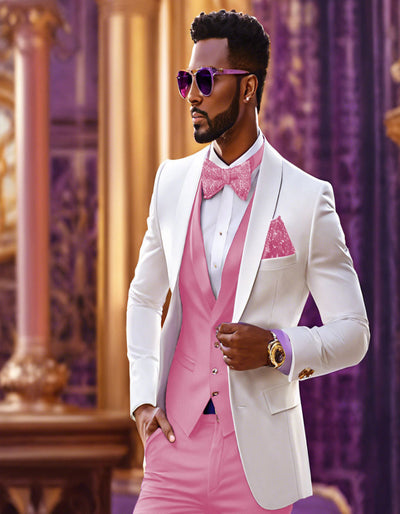 White & Light Pink Tuxedo Suit with Bow-tie