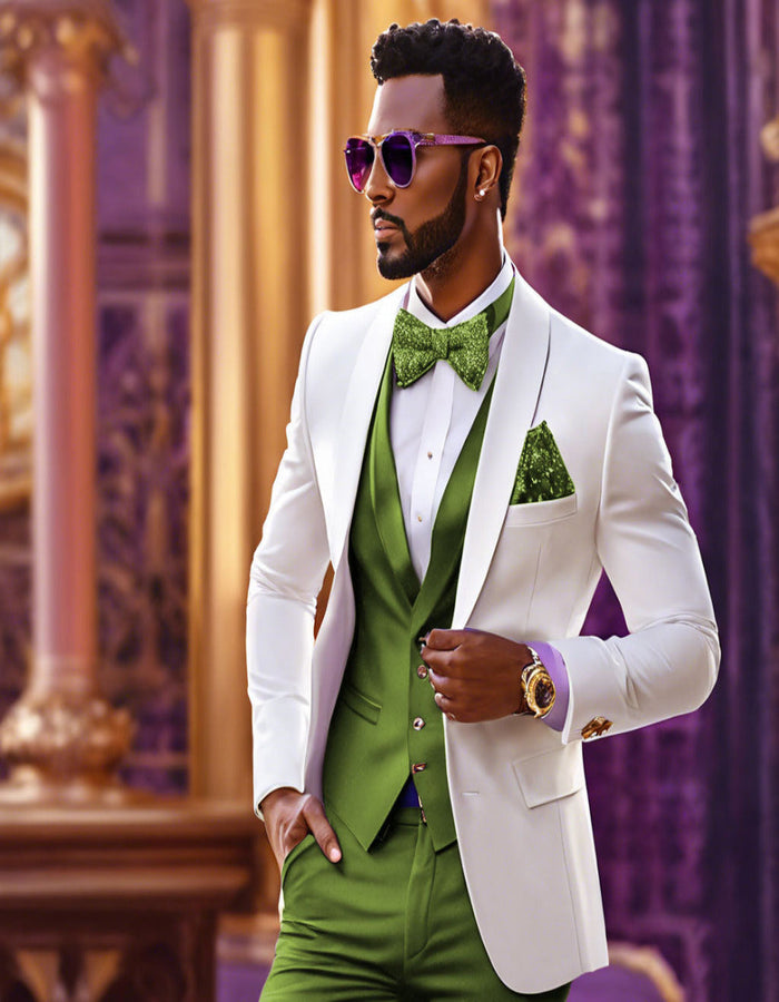 White & Olive Green Tuxedo Wedding Set