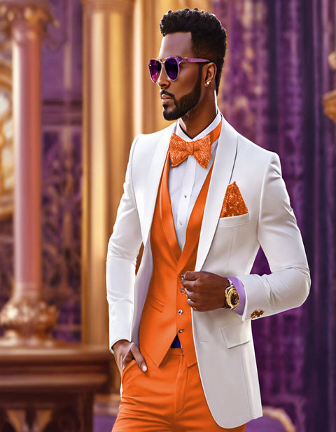 White & Orange Tuxedo Wedding Suit Set