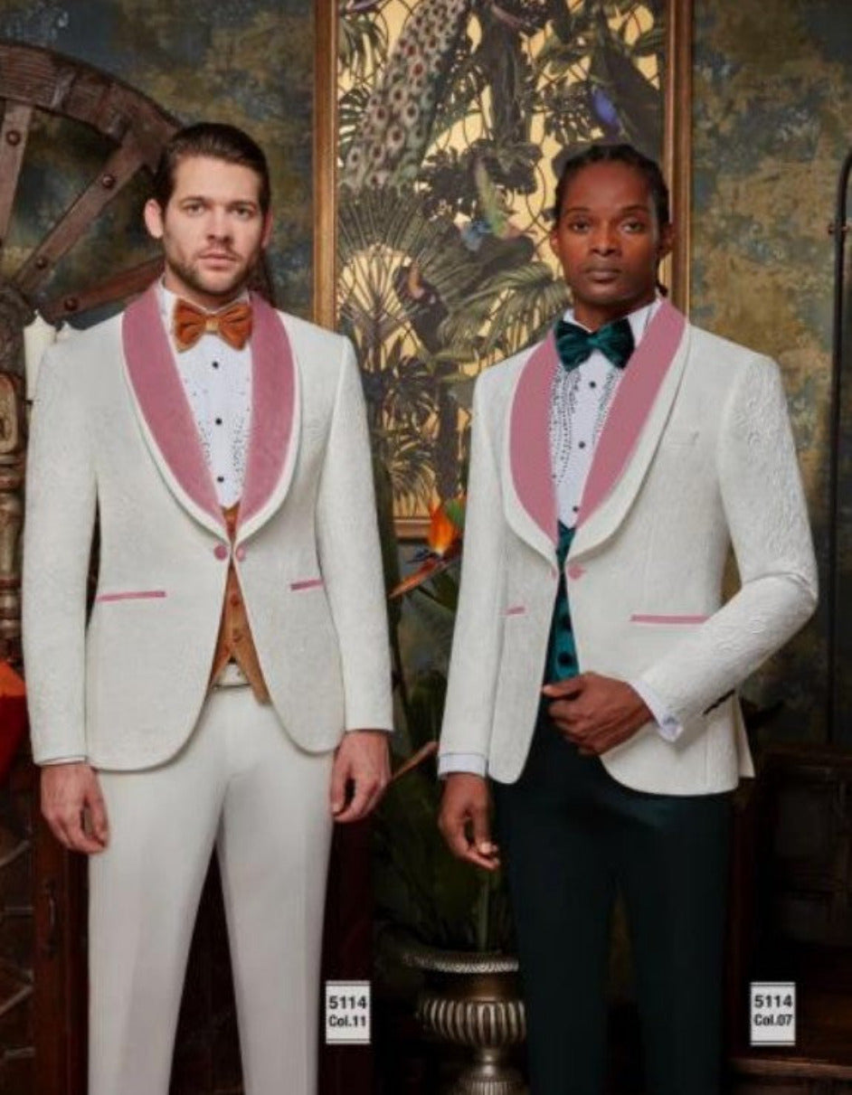 White & Rose Gold Wedding Groom Suit