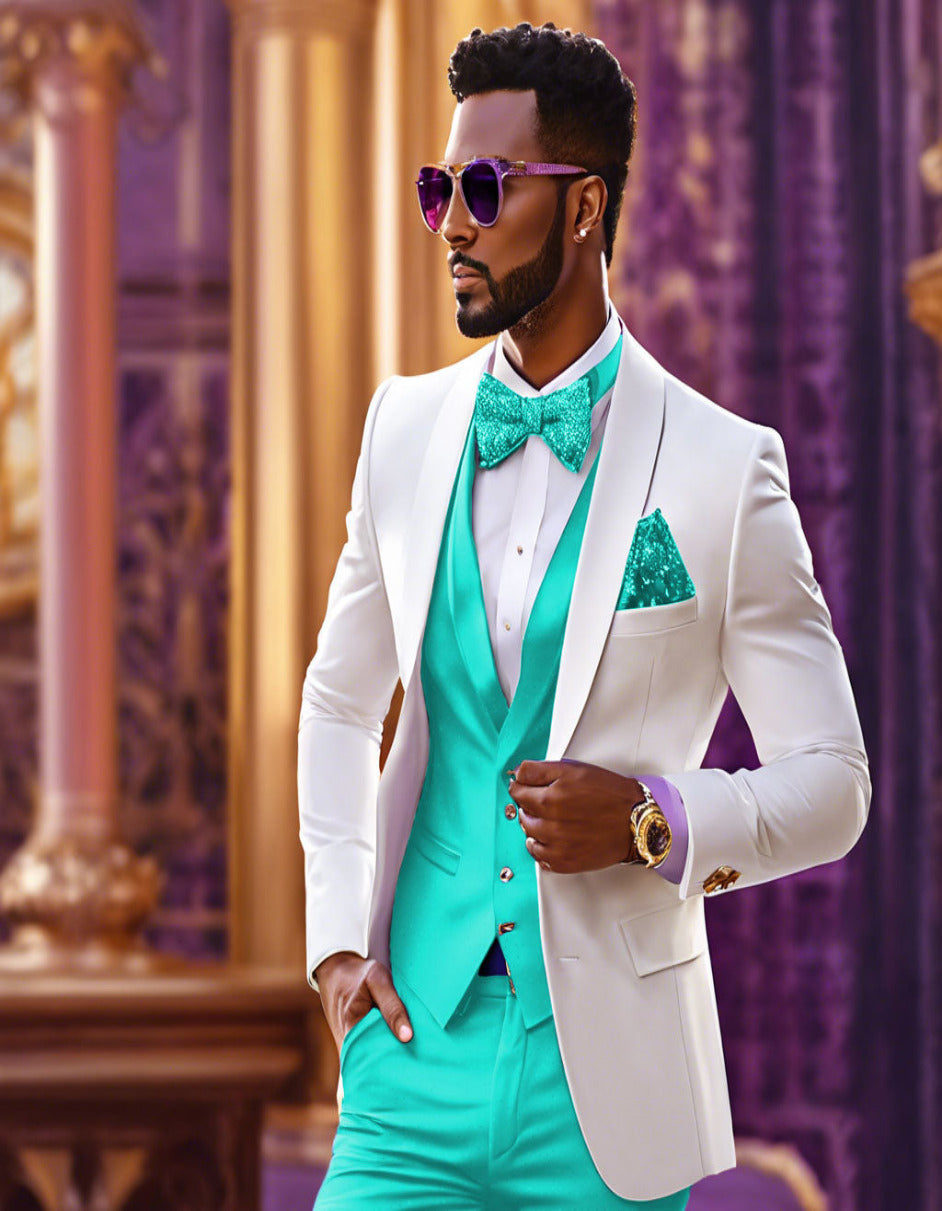 White & Turquoise Tuxedo Wedding Set
