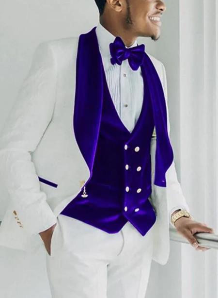 White and Royal Blue Velvet Wedding Suit