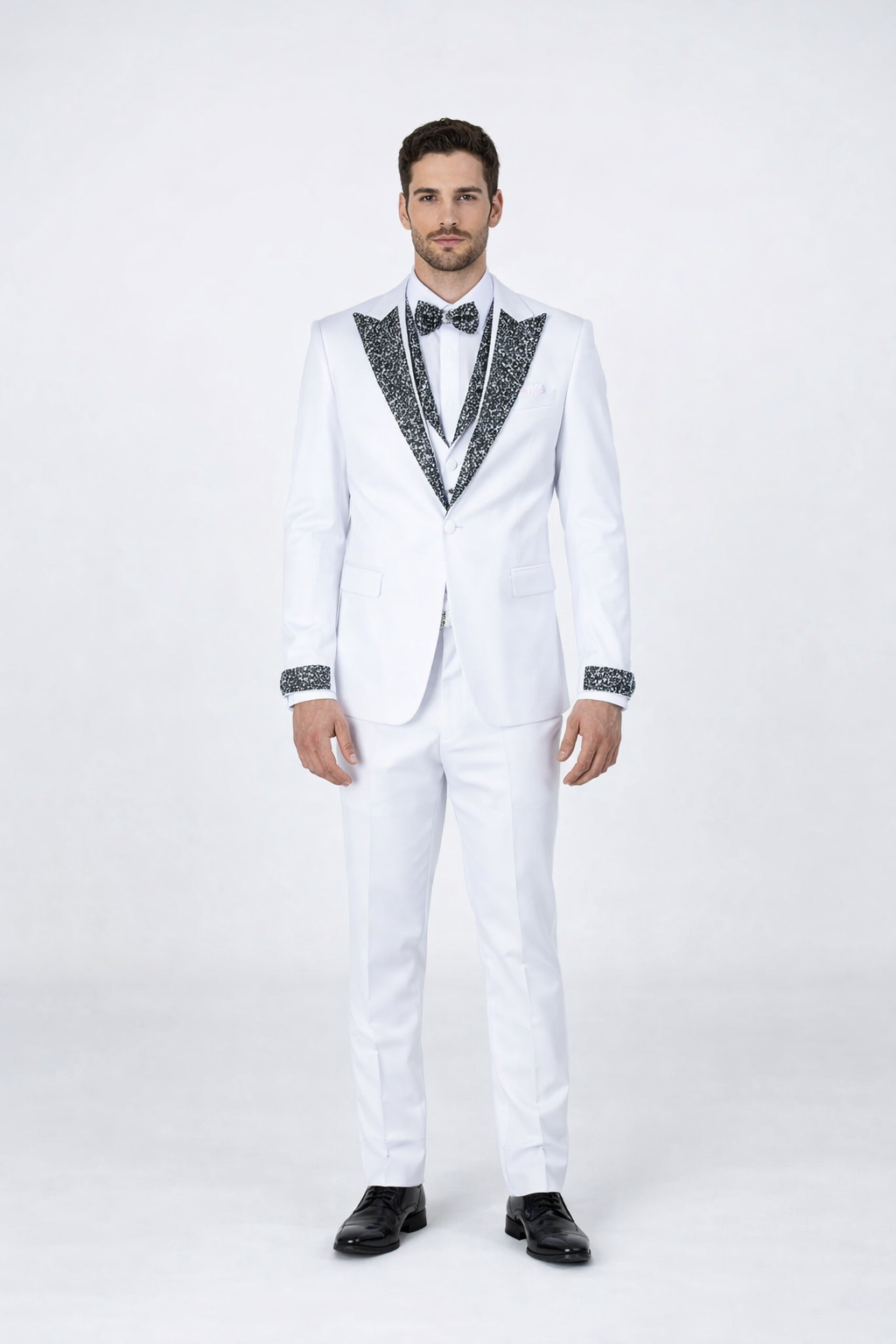 White Stone-Embellished Tuxedo – Peak Lapel 4-Piece Suit