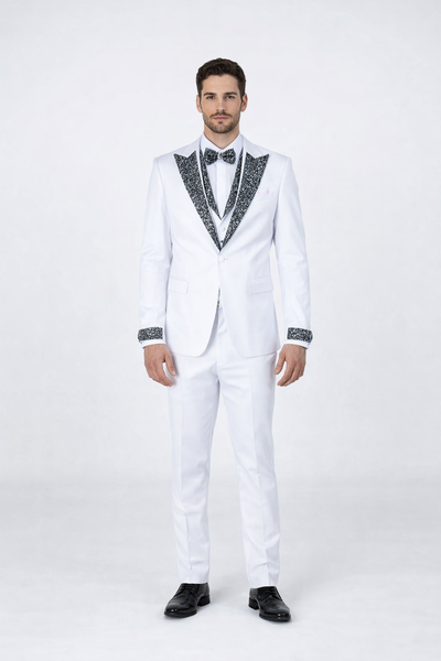 White Stone-Embellished Tuxedo – Peak Lapel 4-Piece Suit