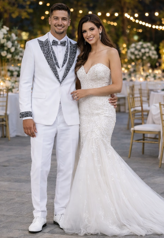 White Stone-Embellished Tuxedo – Peak Lapel 4-Piece Suit
