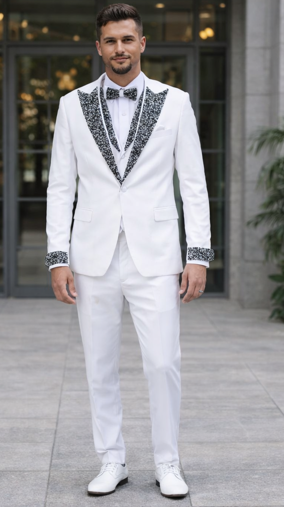 White Stone-Embellished Tuxedo – Peak Lapel 4-Piece Suit