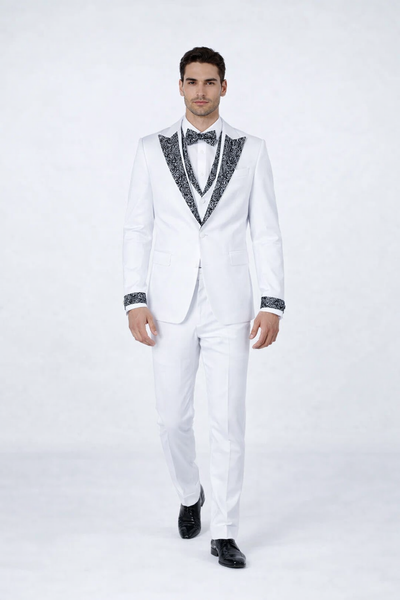 White Stone-Embellished Tuxedo – Peak Lapel 4-Piece Suit