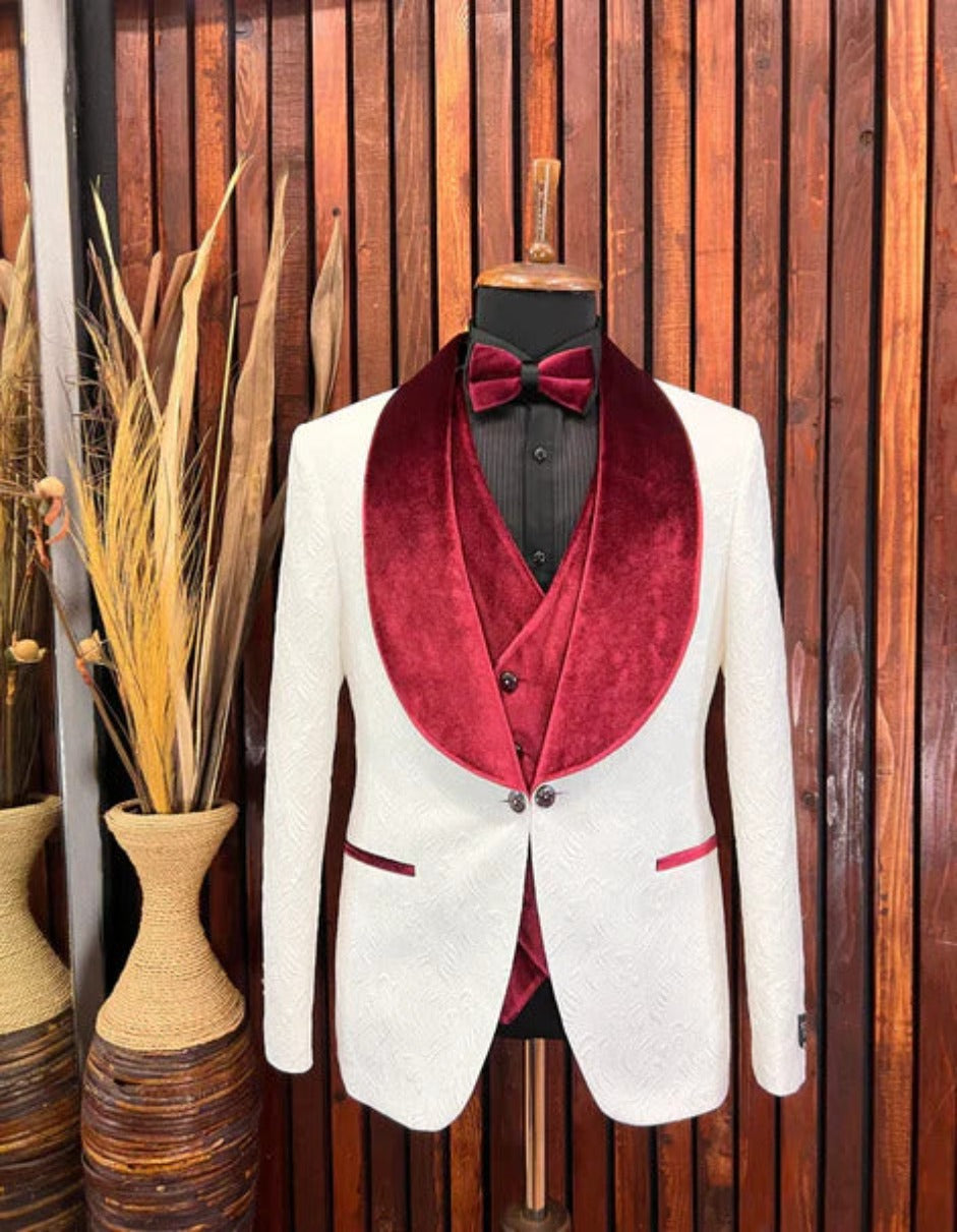 Mens Burgundy Tuxedo Set - Jacket, Vest & Pants