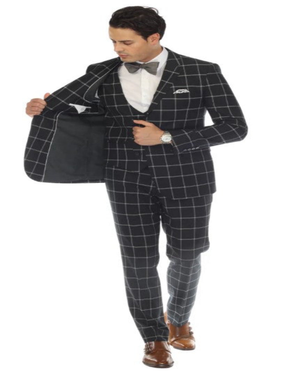 Hunter Green Mens Windowpane Plaid Suit with Vest