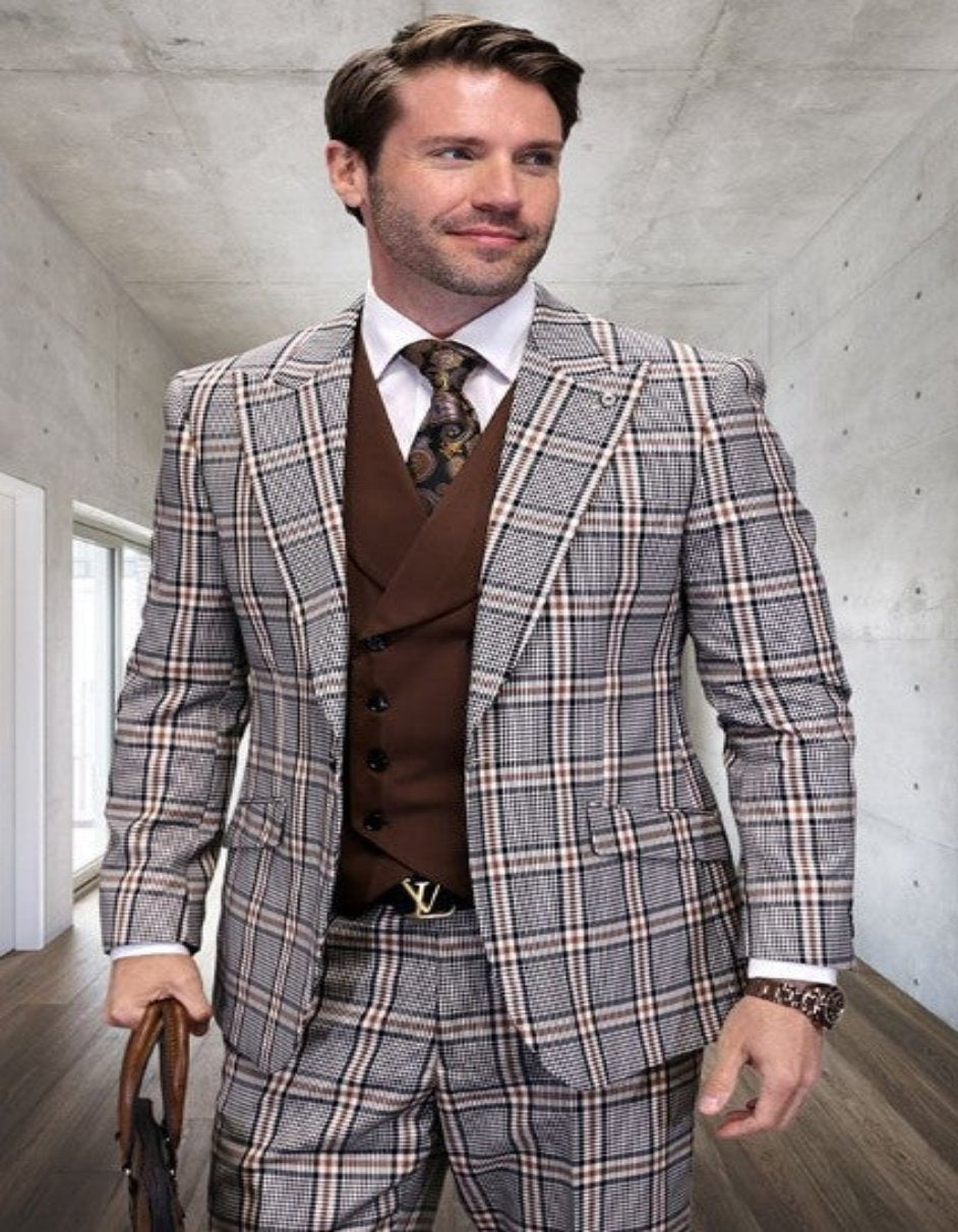Tan Plaid Wool Suit with Peak Lapel & Vest