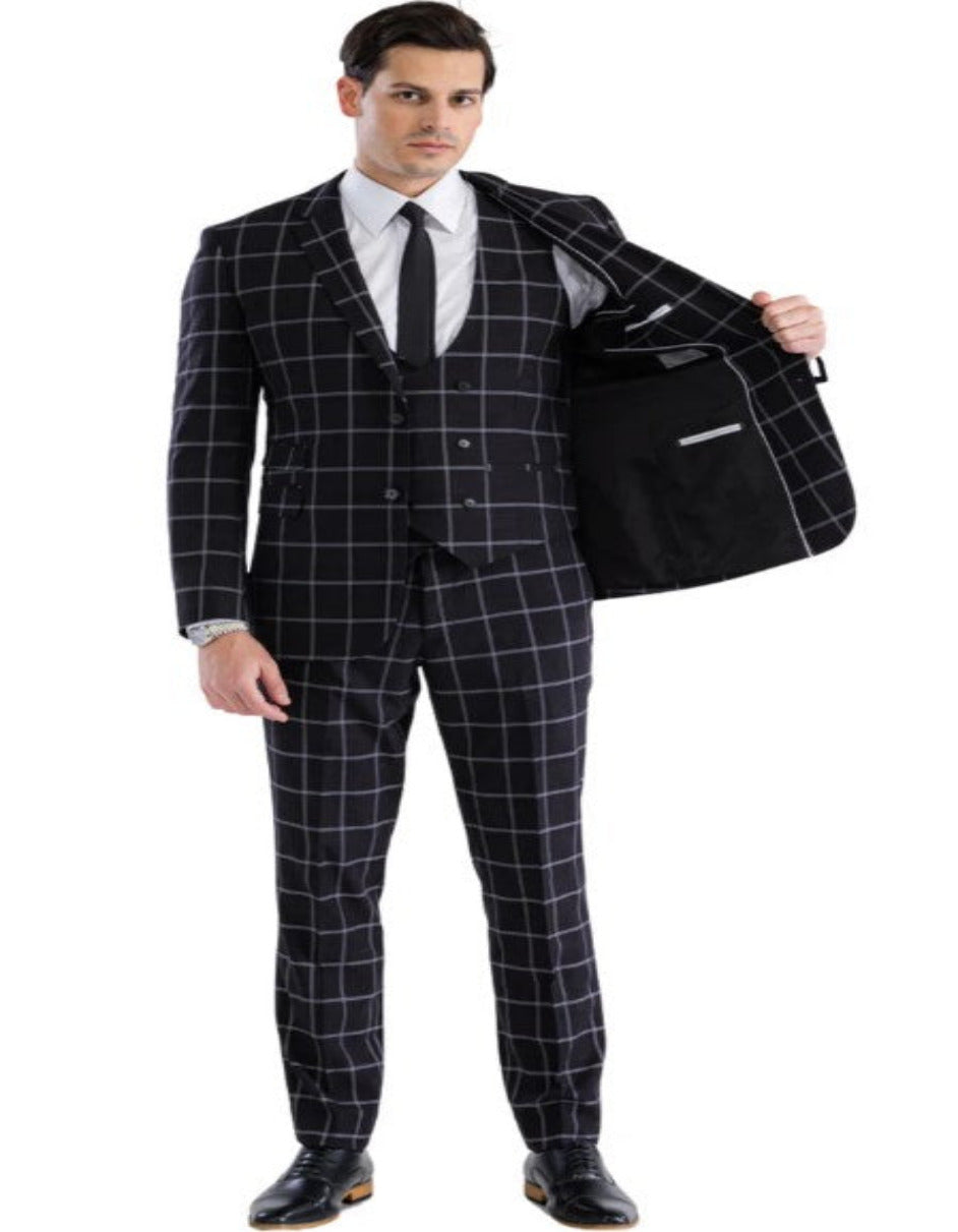 Men’s Windowpane Plaid Suit with Vest - Black