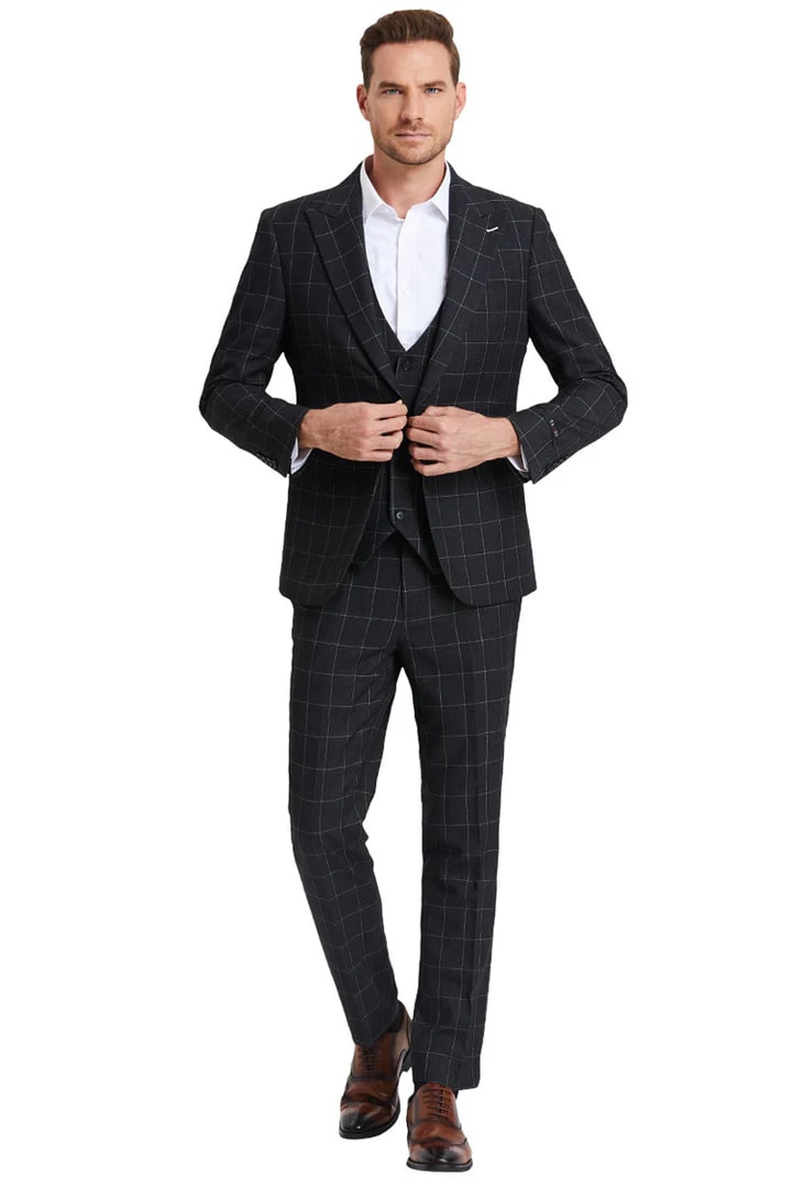 One Button Chalk Windowpane Plaid Vested Suit Black