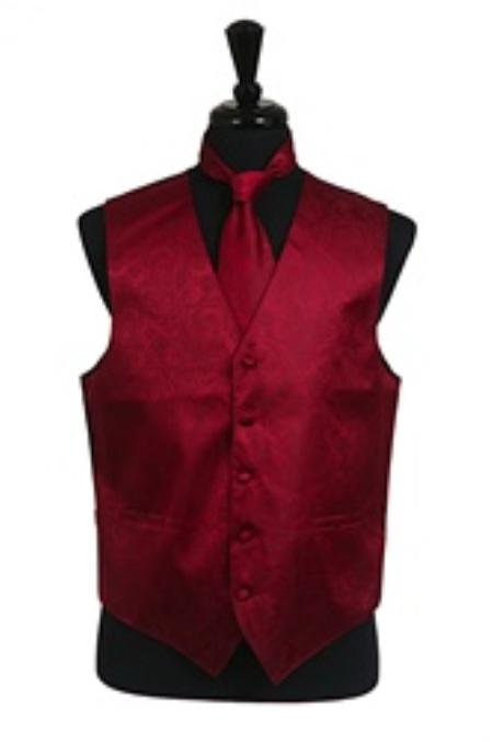 Tuxedo Vest - Wedding Vest Burgundy ~ Maroon ~ Wine Color paisley Waist coat Tie Set - Men's Neck Ties - Mens Dress Tie - Trendy Mens Ties