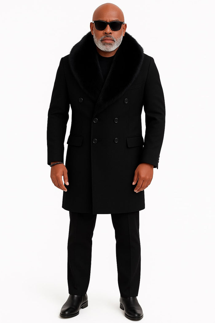 Men's Double-Breasted Overcoat with Faux Fur Collar