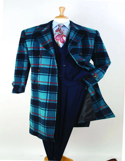 Men's Blue Plaid Wool Overcoat – Double-Breasted Long Winter Coat with Wide Lapel - Full Length