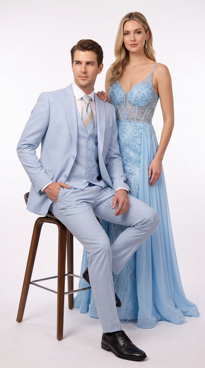 Vitali Men’s Sky Blue Solid Vested Suit, M1888 Formal Wedding Prom Dress Suit