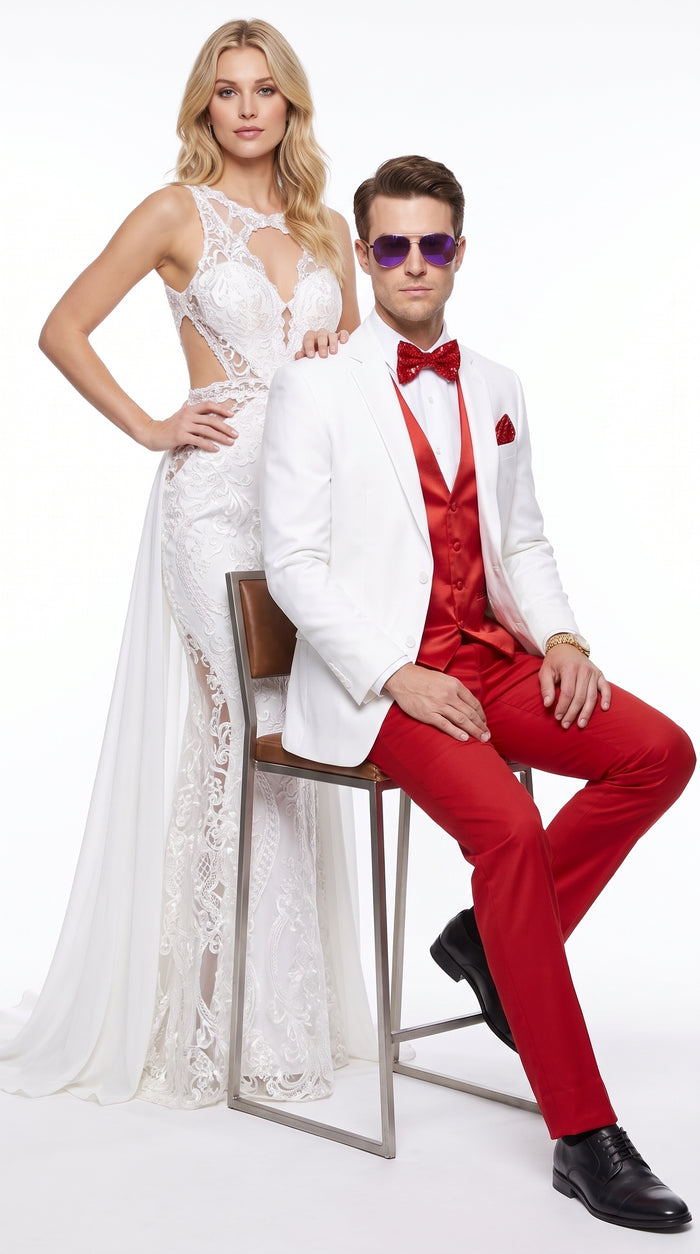 Men’s White and Red Tuxedo Wedding Suit Set, Formal Groom Prom Dinner Suit