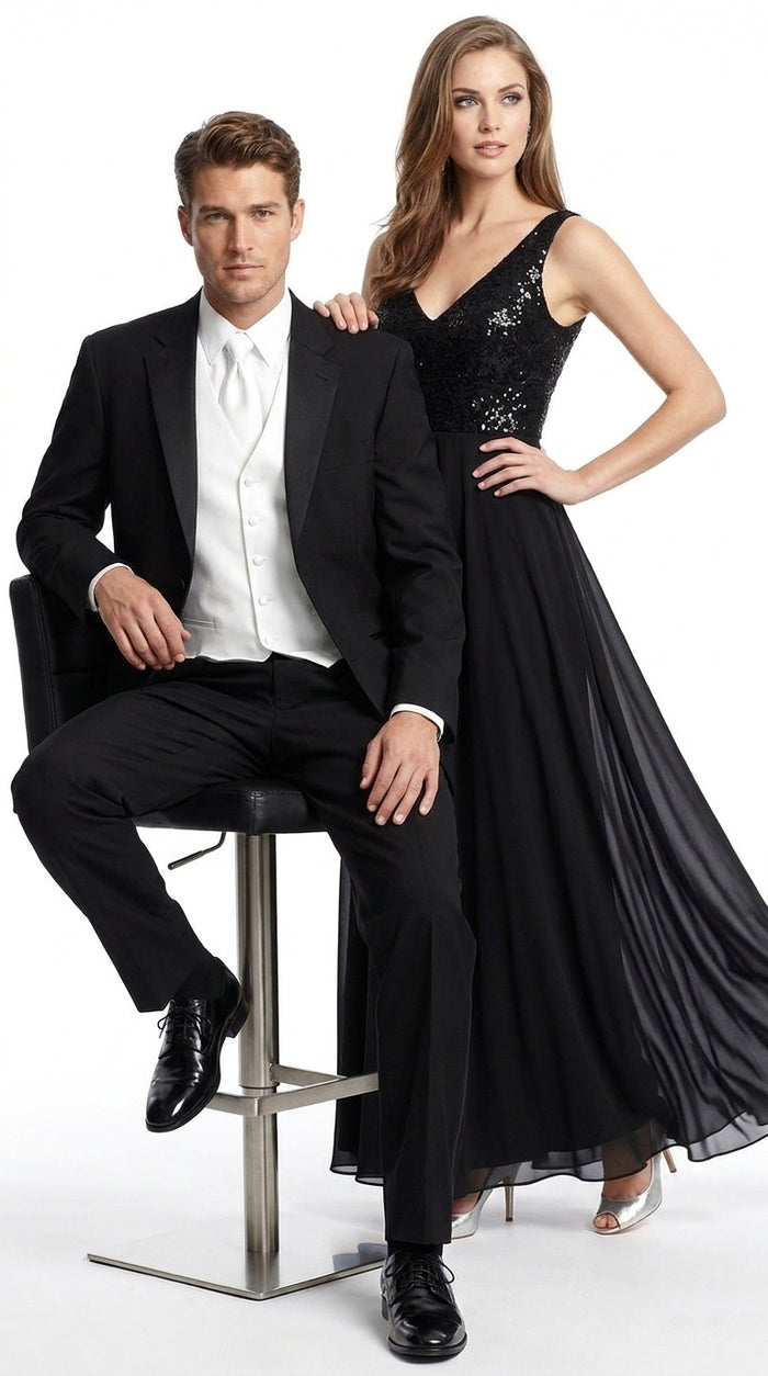 Men’s Black Super 120s Tuxedo Package Deal, 2 Button Formal Suit with White Shirt, Tie and Vest