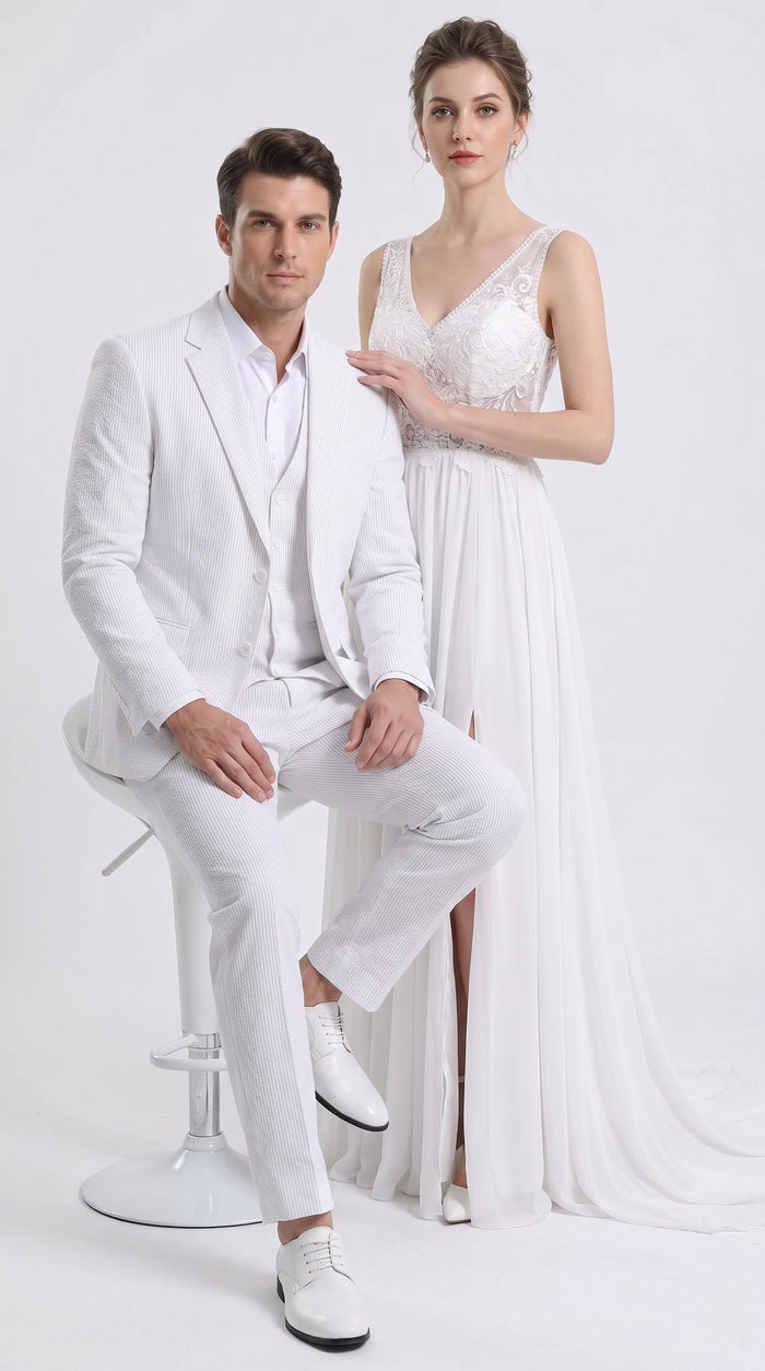 Men’s White Pinstripe Seersucker Summer Suit, Jacket and Pants Formal Wedding Beach Suit