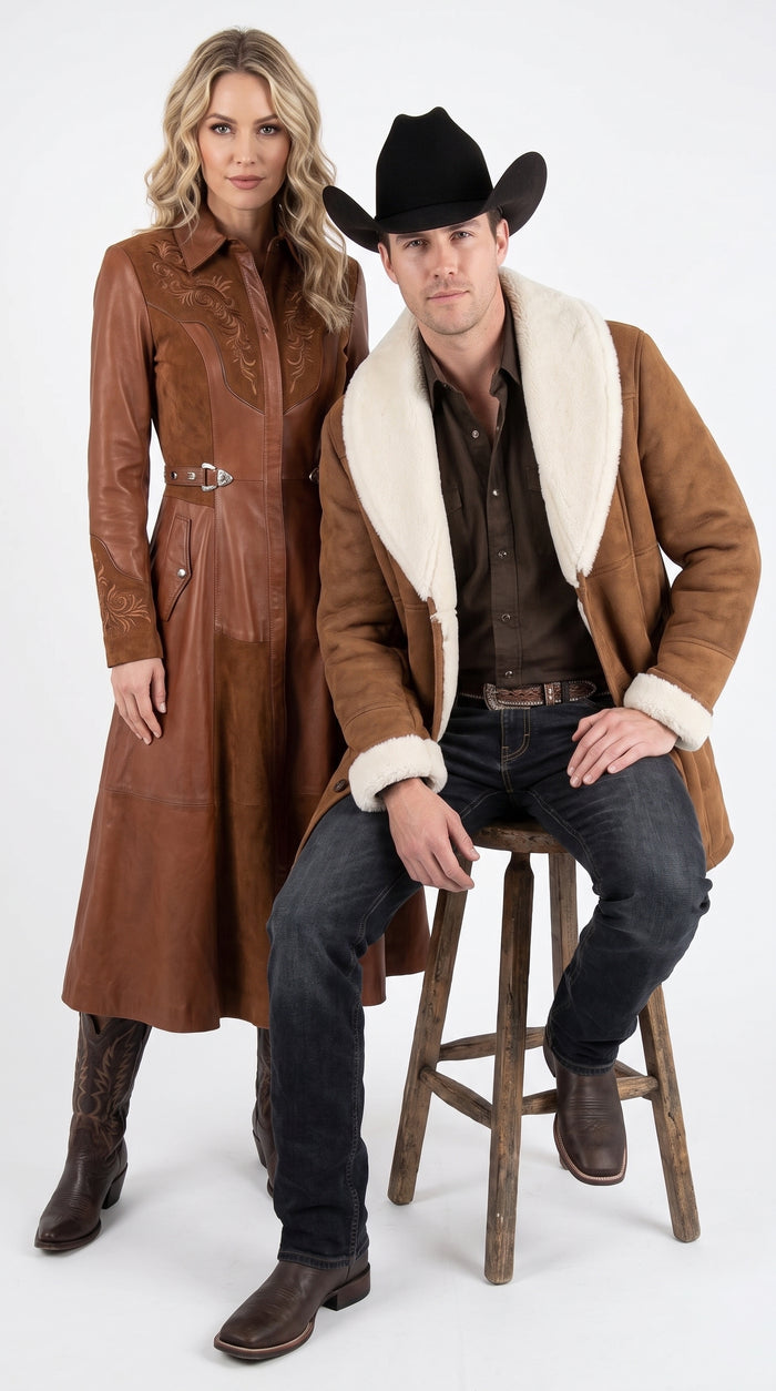 Men’s Long Brown Sheepskin Western Jacket, Cowboy Sherpa Style Ranch Coat
