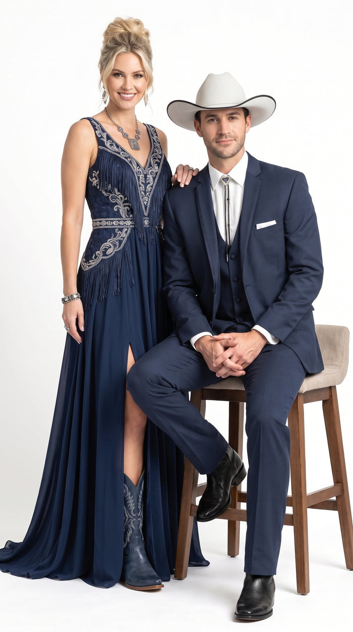 Men’s Navy Cowboy Tuxedo with Satin Lapel, Western Formal Wedding Suit with Vest