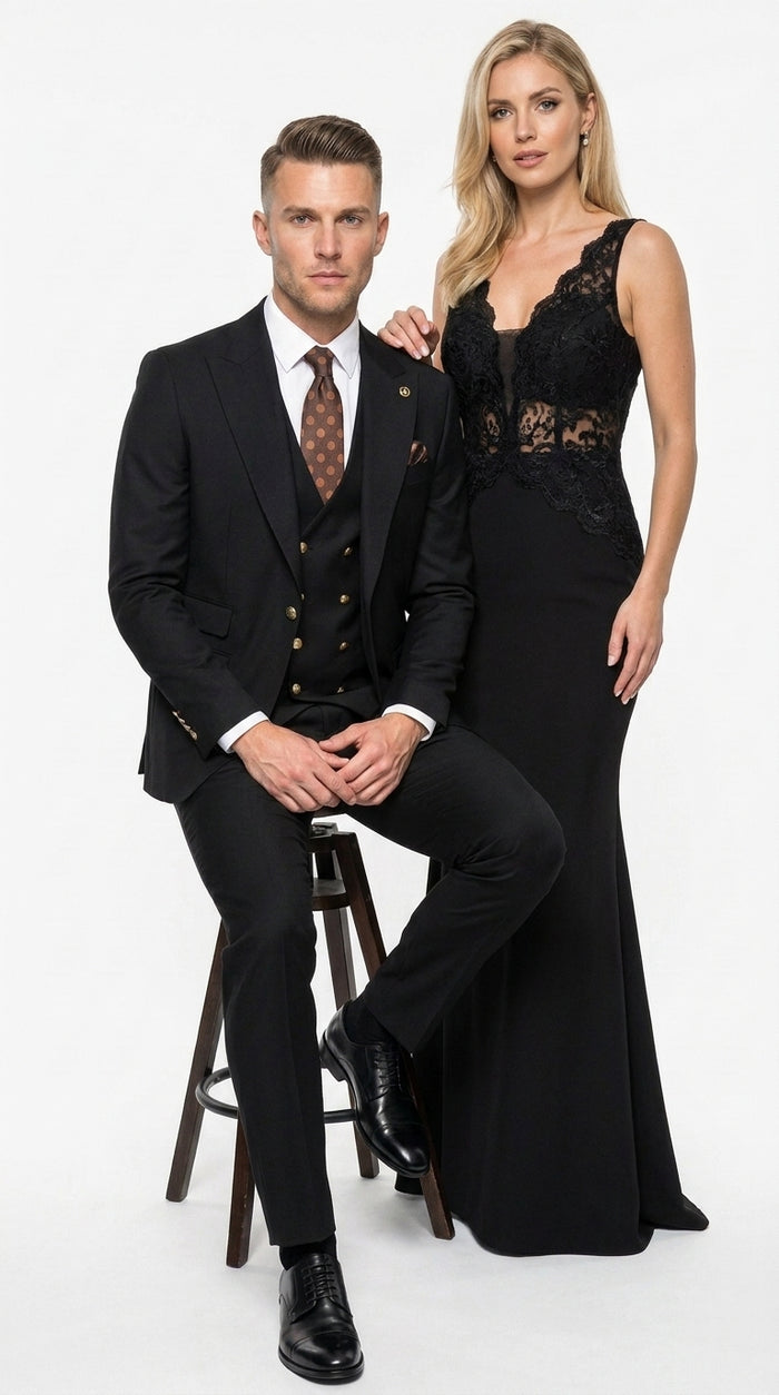 Men’s Black Wool Suit with Gold Buttons, One Button Formal Wedding Business Suit with Double Breasted Vest