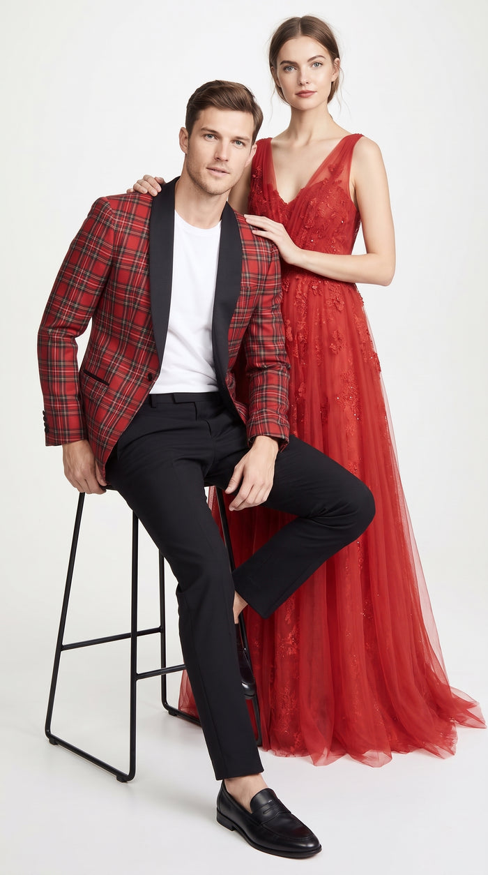 Men’s Red Christmas Plaid Holiday Blazer with Black Shawl Lapel, Formal Party Sport Coat
