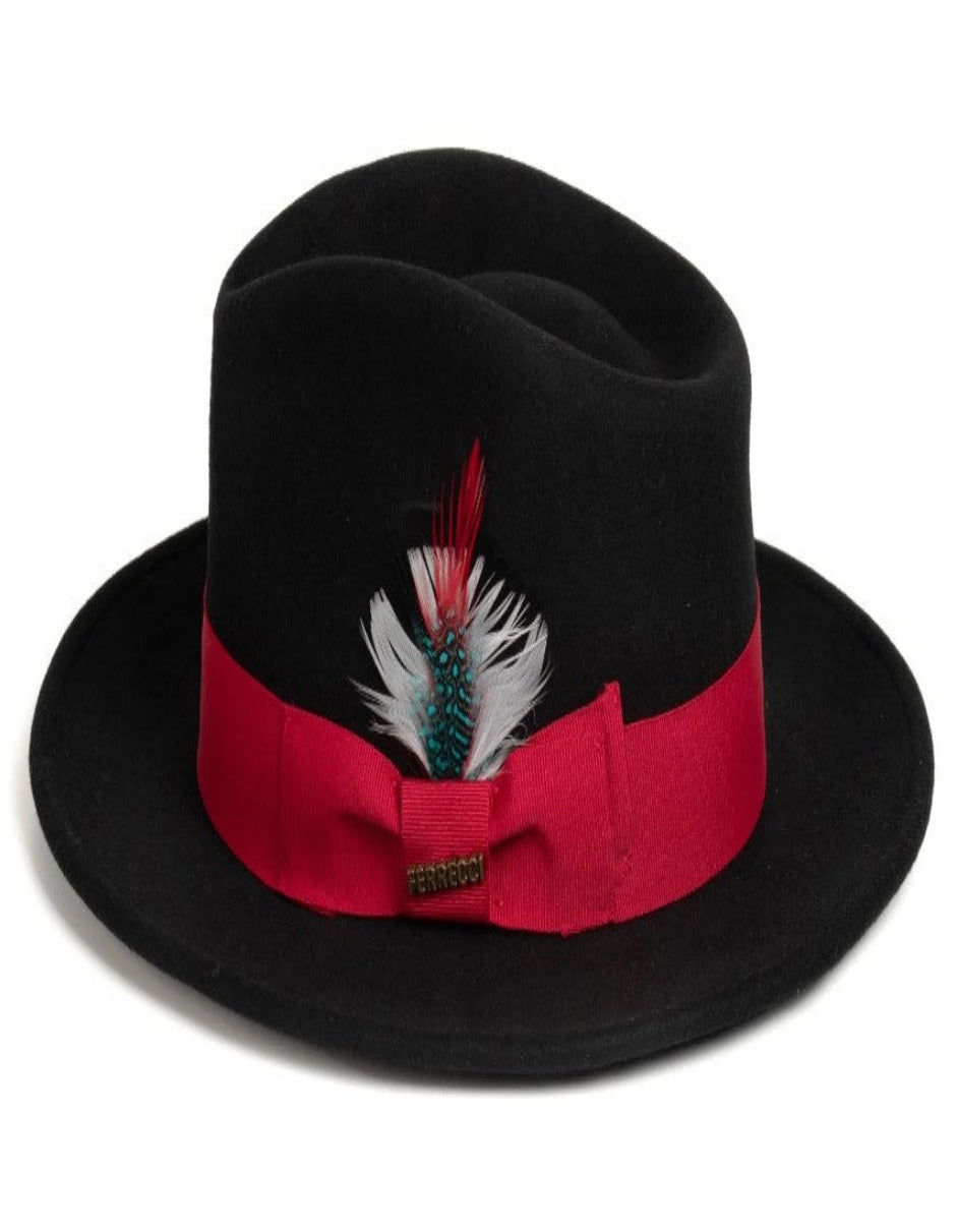 1920s Black and Red Wool Fedora Hat for Men